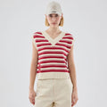 New York Yankees Womens MLB Knit Stripe Dark Red Sleeveless V-neck Sweater-zelvios