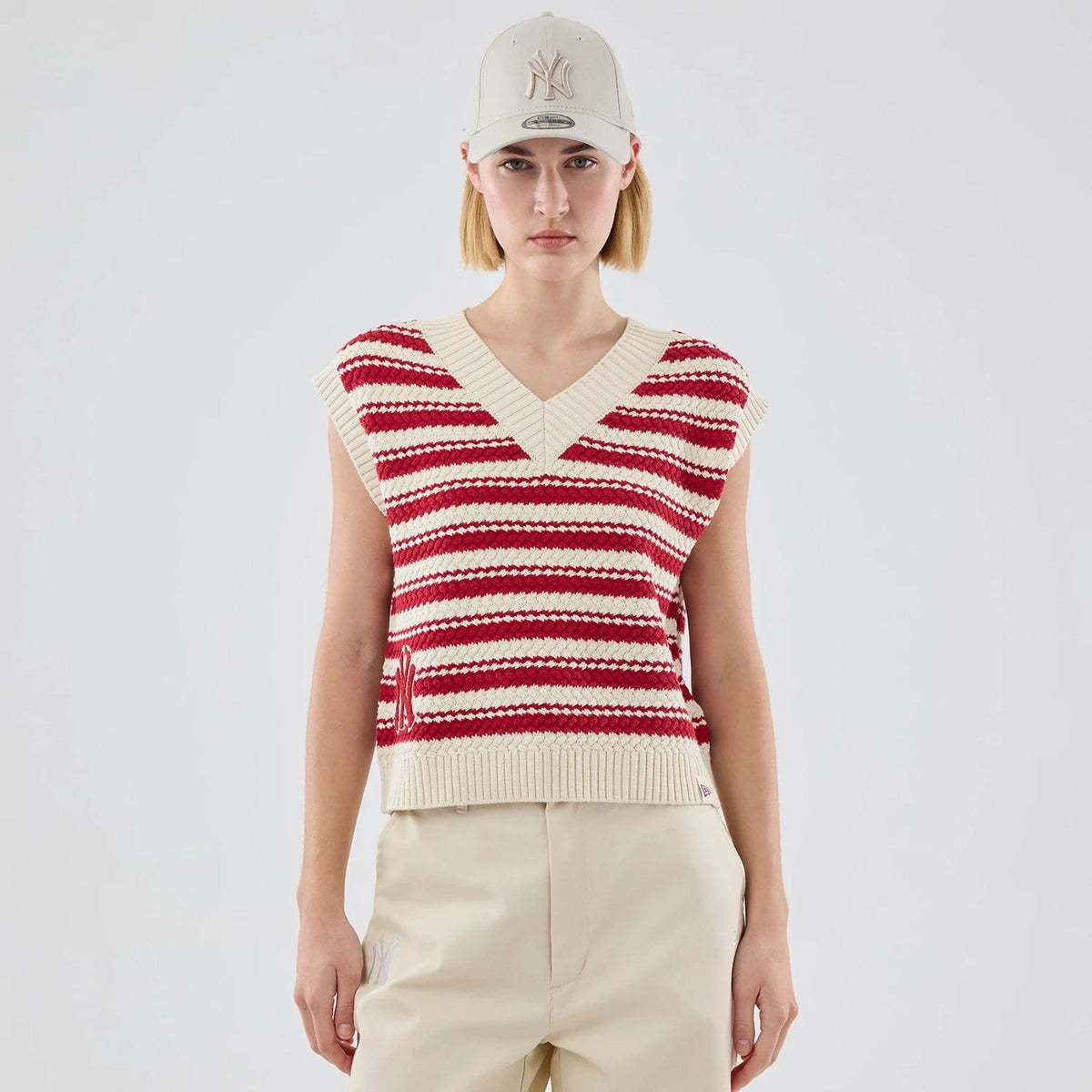 New York Yankees Womens MLB Knit Stripe Dark Red Sleeveless V-neck Sweater-zelvios