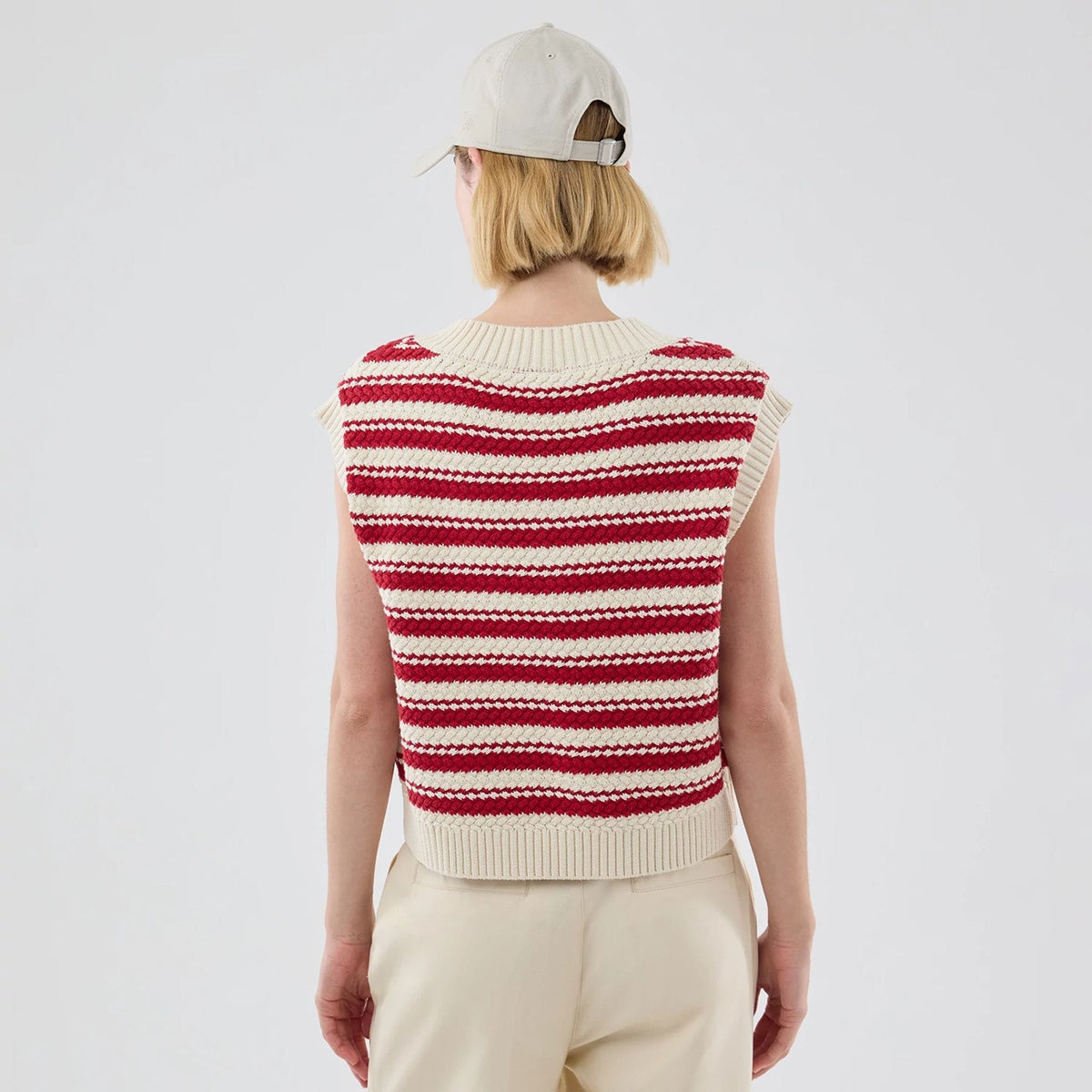 New York Yankees Womens MLB Knit Stripe Dark Red Sleeveless V-neck Sweater-zelvios
