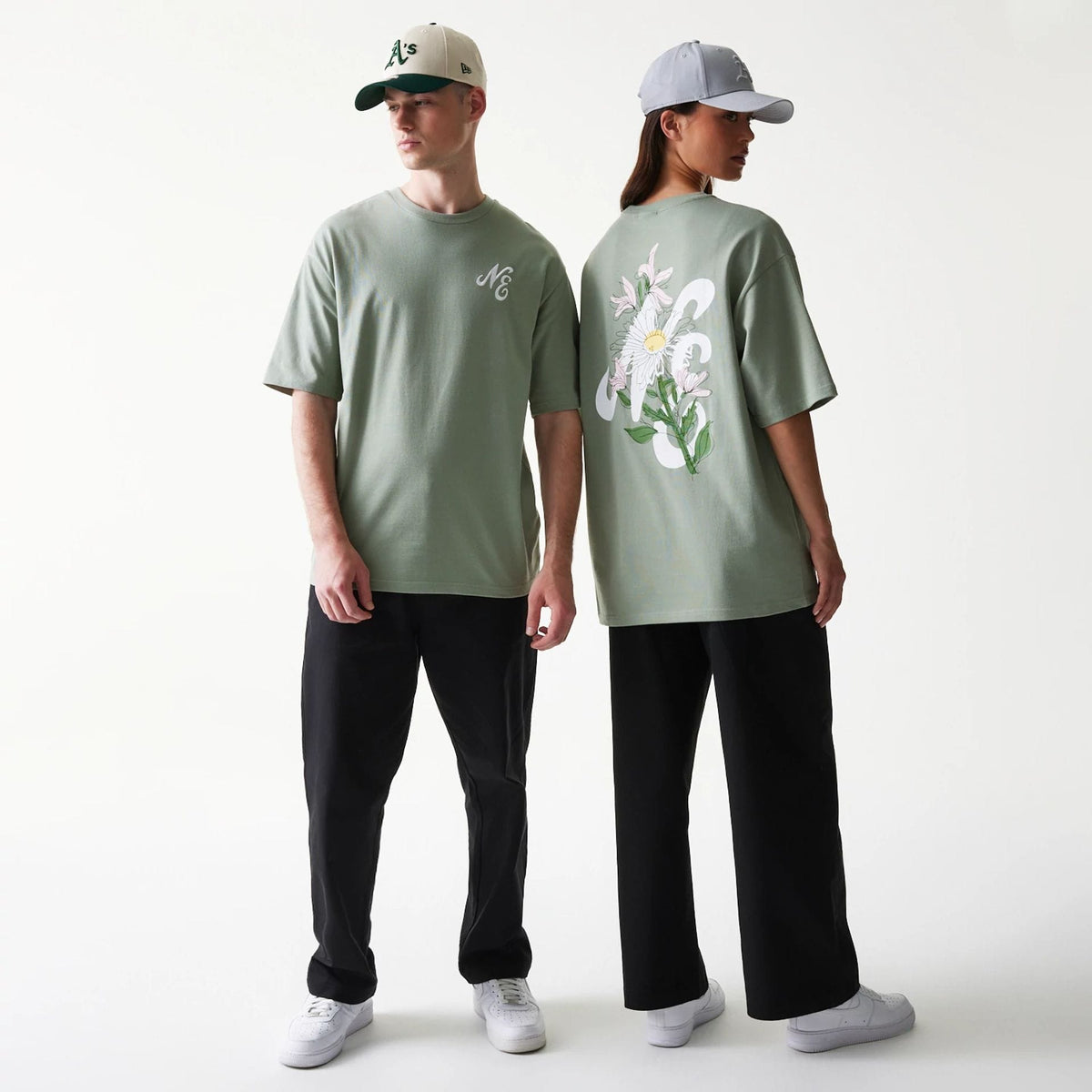 New Era Floral Graphic Pastel Green Oversized T-Shirt-zelvios