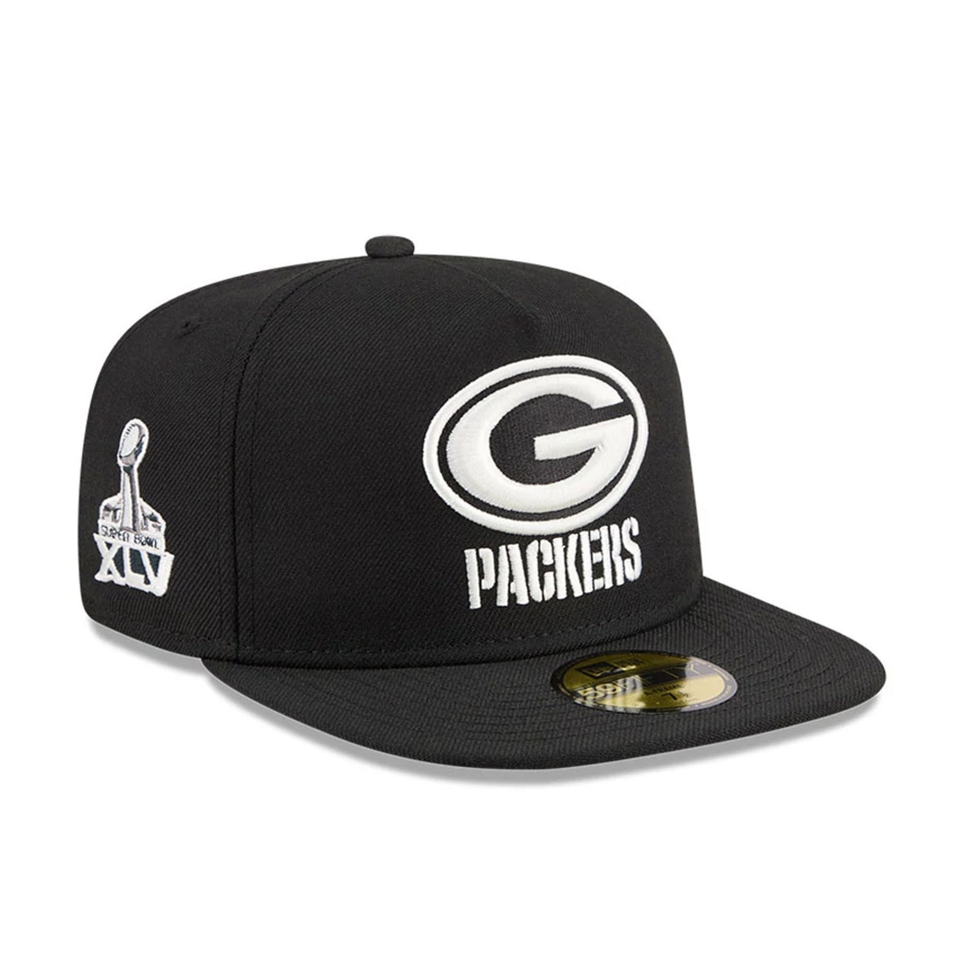 Green Bay Packers NFL Chiseled Embroidery Black 59FIFTY A-Frame Fitted Cap-kentox