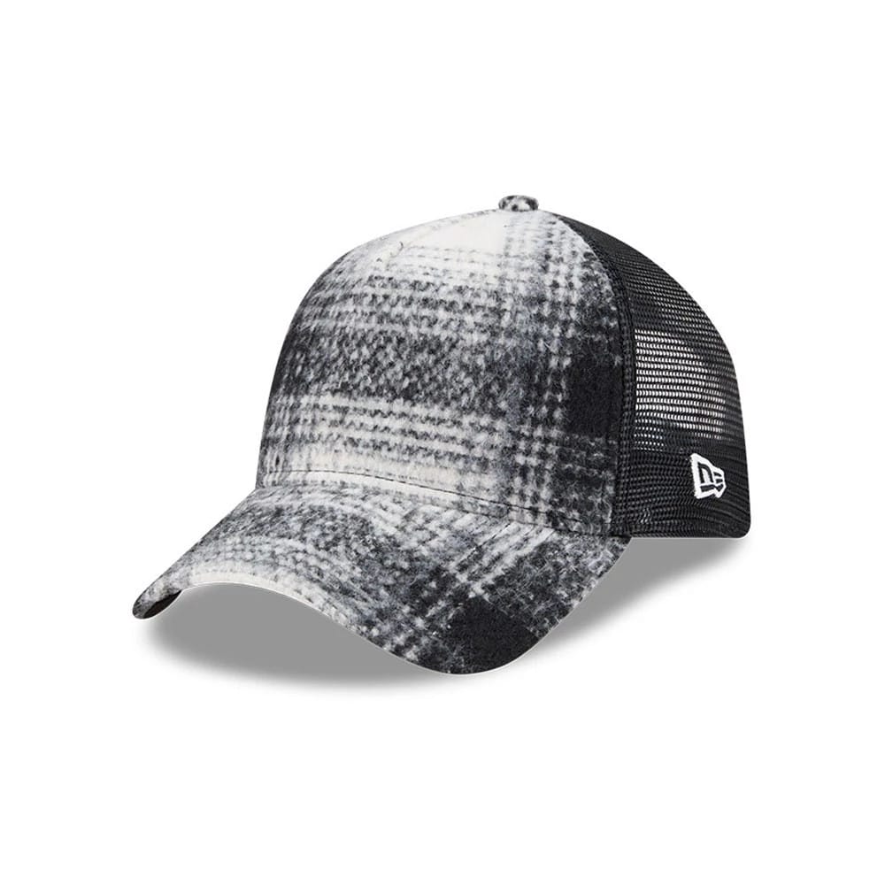 New Era White & Black Plaid 9FORTY A-Frame Trucker Adjustable Cap-zelvios