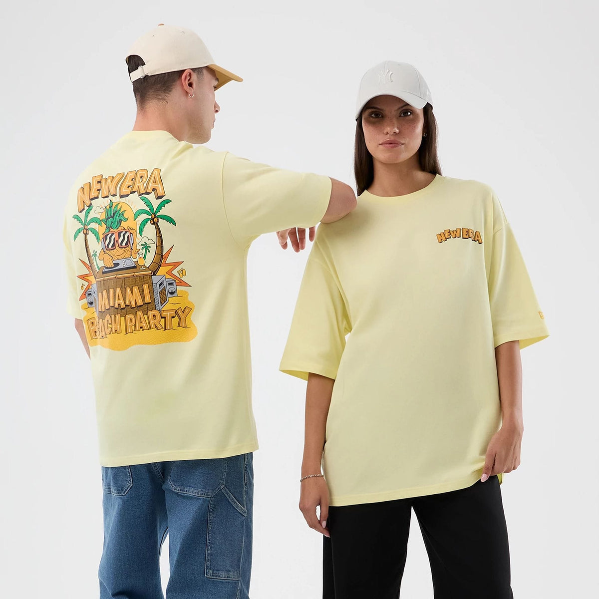 New Era Fun Beach Party Graphic Pastel Yellow Oversized T-Shirt-zelvios