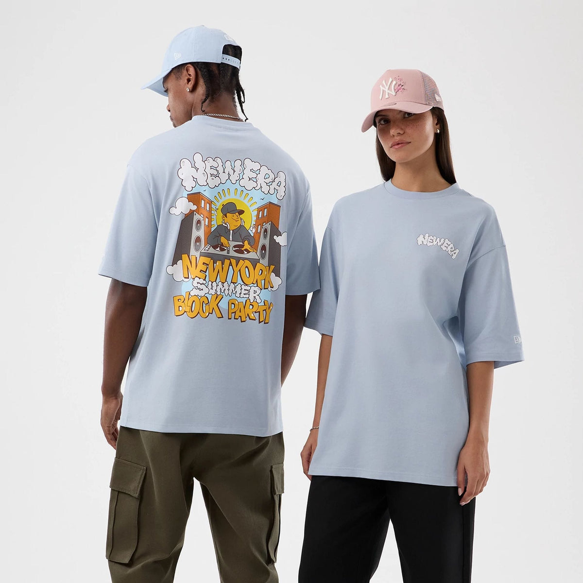 New Era Fun Block Party Graphic Pastel Blue Oversized T-Shirt-zelvios