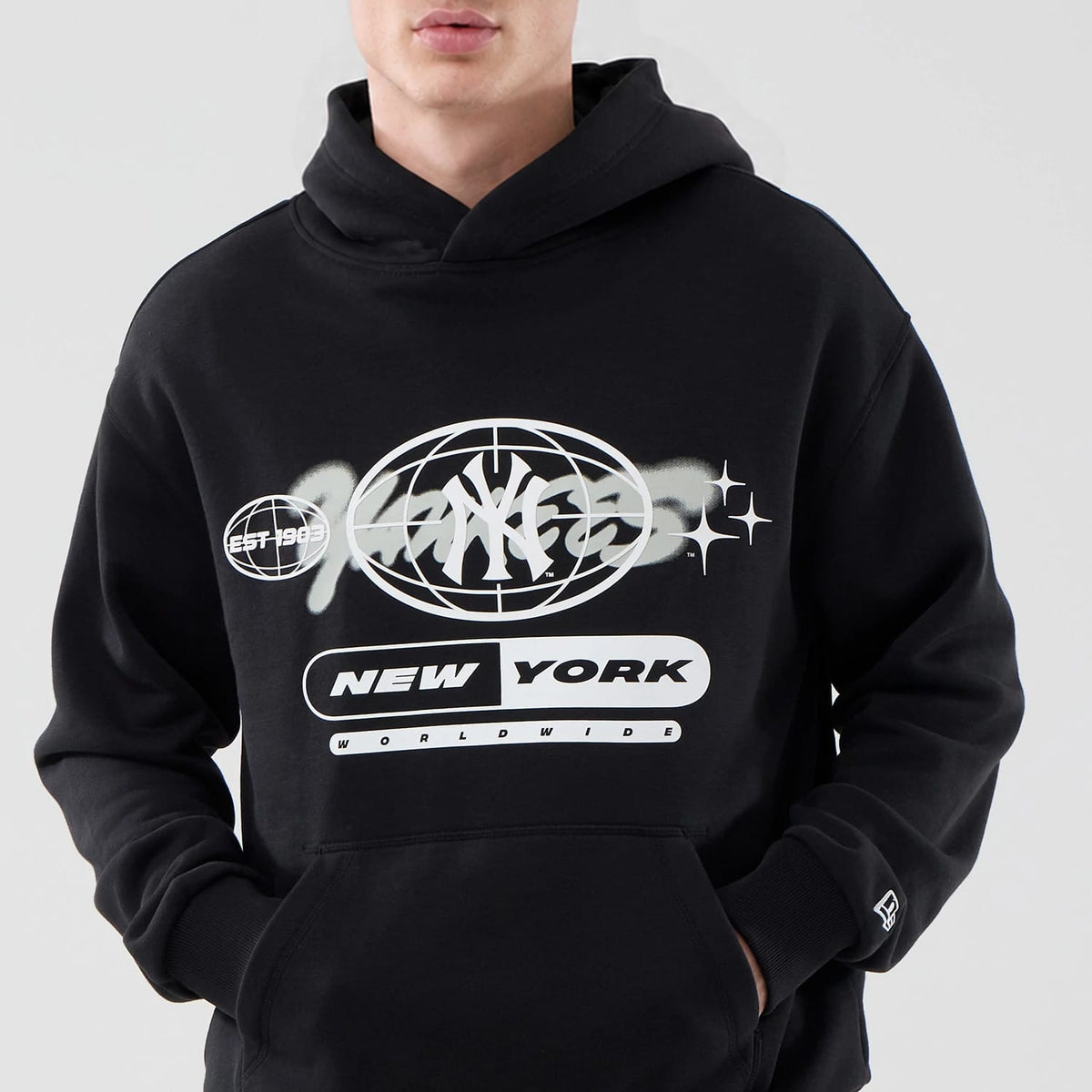 New York Yankees MLB Logo Graphic Black Oversized Pullover Hoodie-zelvios
