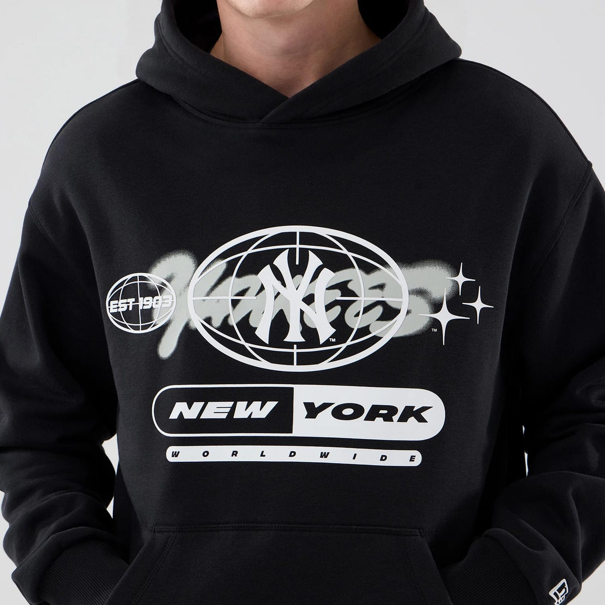 New York Yankees MLB Logo Graphic Black Oversized Pullover Hoodie-zelvios