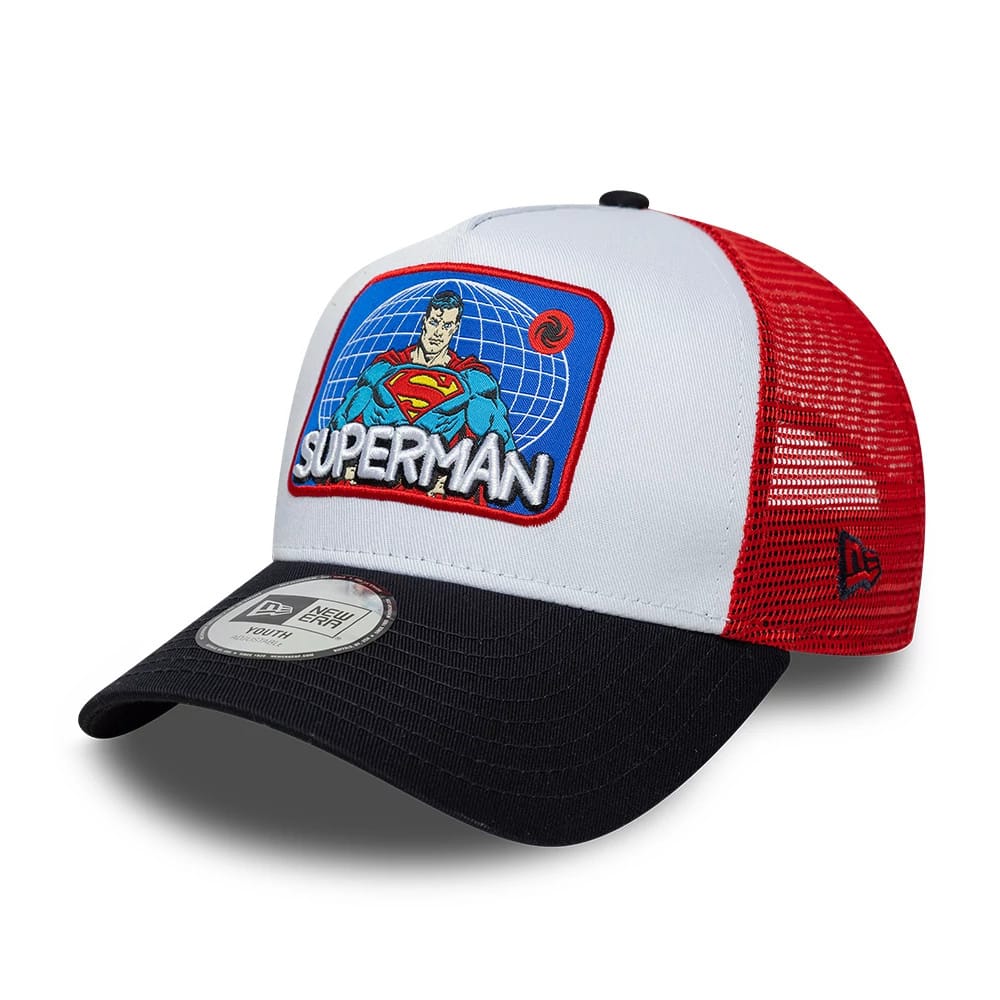 Youth Superman DC Patch White 9FORTY A-Frame Trucker Adjustable Cap-zelvios