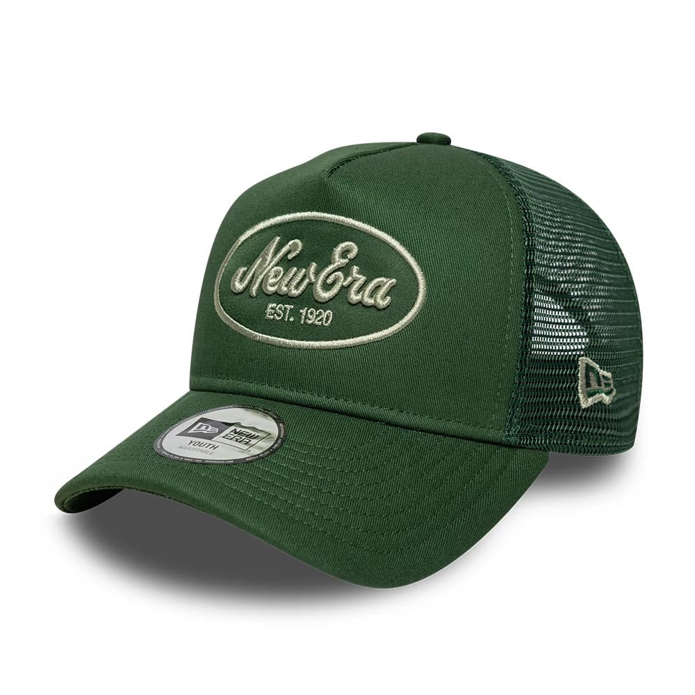 Youth New Era Oval Patch Dark Green 9FORTY A-Frame Trucker Adjustable Cap-zelvios