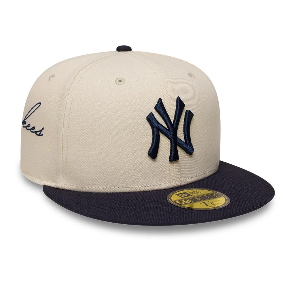 New York Yankees MLB Side Script Cream & Navy 59FIFTY Fitted Cap-zelvios