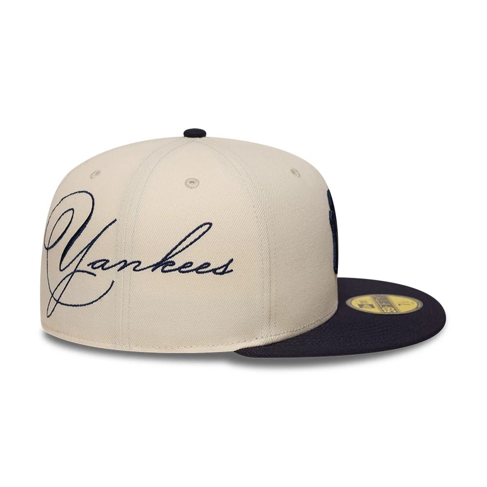 New York Yankees MLB Side Script Cream & Navy 59FIFTY Fitted Cap-zelvios