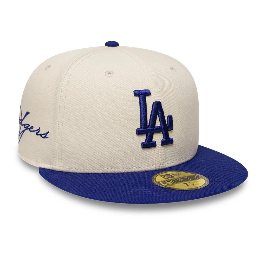 LA Dodgers MLB Side Script Cream & Blue 59FIFTY Fitted Cap-zelvios