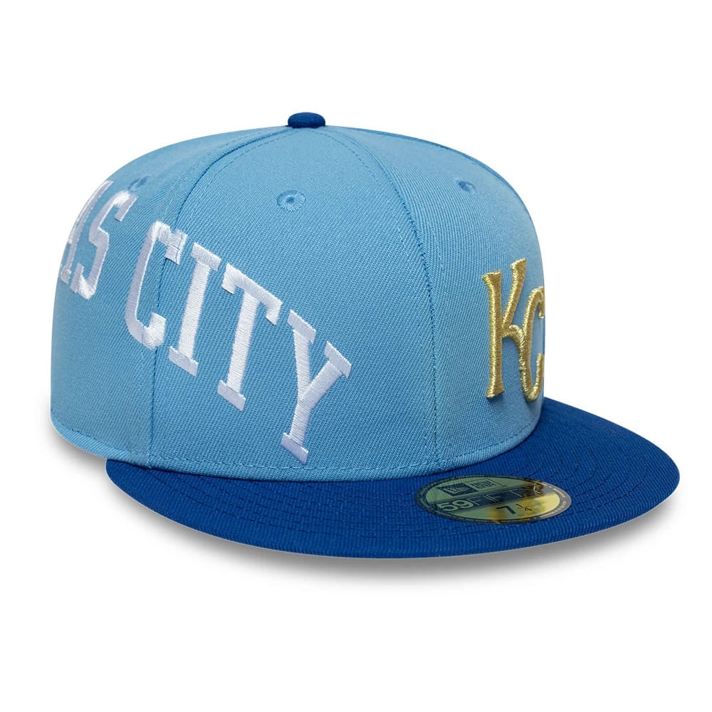 Kansas City Royals MLB Multi Logo Satin Lined Pastel Blue 59FIFTY Fitted Cap-zelvios