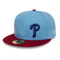 Philadelphia Phillies MLB Multi Logo Satin Lined Pastel Blue 59FIFTY Fitted Cap-zelvios