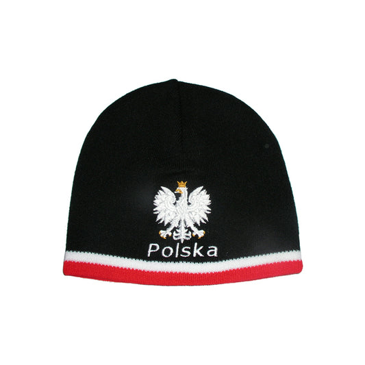 Black Knitted Poland Design Beanie Hat with National Details