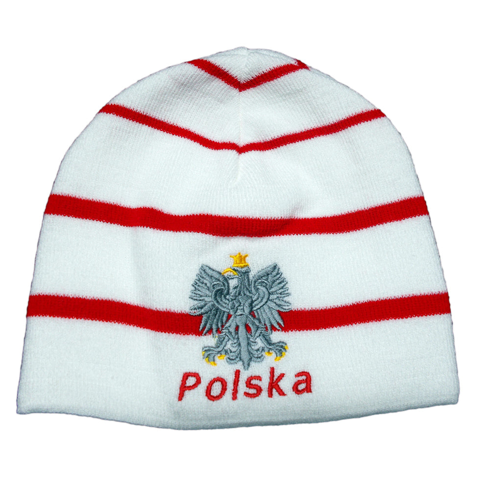 Red Stripe Knitted Beanie Hat Poland Inspired Winter Cap